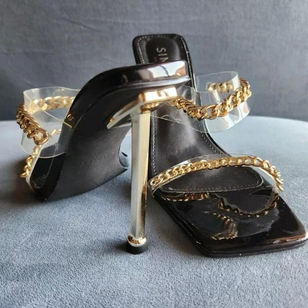SIMMI LONDON Black & Gold Chain Detail Mule Heels/Sandals. Size 8.